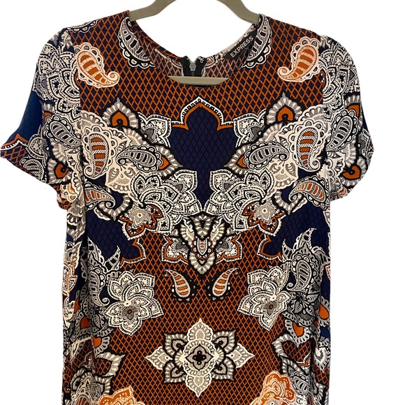 Express Short Sleeve Navy & Burnt Orange Arsty Rayon Paisley Shift Dress - Picture 3 of 11